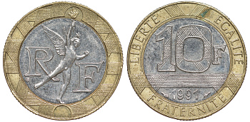 Франция 10 франков 1991 тип Гений Бастилии KM 964.1, Le Frank 375.6 биметалл  4606-152