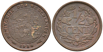 Нидерланды 1/2 цента 1936 Вильгельмина (1890-1948) КМ 138 бронза    4174-535