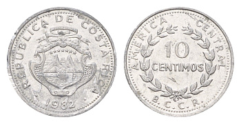 Коста-Рика 10 сентимо 1982 KM 185.2a алюминий 105-116