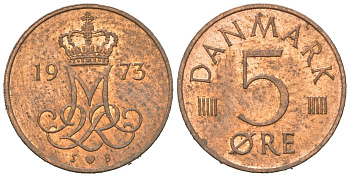 Дания 5 эре 1973 S; B, Маргрете II (1972-2024) KM 859.1 железо плакированная медью aUNC 3955-556