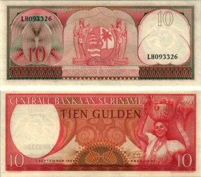 Суринам 10 гульденов 1963 женщина с фруктами Pick 121 b бумага UNC (пресс) 6352-25-4-2