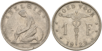 Бельгия 1 франк 1929 Belgie KM 90 никель    4161-1157