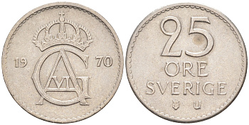 Швеция 25 эре 1970 U, Густав VI Адольф (1950-1973) KM 836 медно-никель 112-612