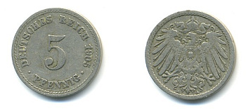 ГЕРМАНИЯ 5 ПФЕННИГОВ 1905 A, KM 11, J. 12 медно-никель 4379-525