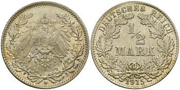 Германия 1/2 марки 1915 D J. 16, KM 17 серебро UNC 65-242