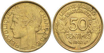 ФРАНЦИЯ 50 САНТИМОВ 1932 ТИП MORLON, OPEN 9, С ЯГОДОЙ KM 894.1, LE FRANC 192.7 алюминиевая бронза 44-715