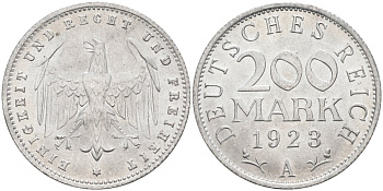 Германия 200 марок 1923 A KM 35, J. 304, Weege 22 алюминий UNC 4586-243