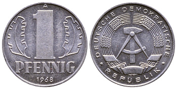 ГДР 1 ПФЕННИГ 1968 А КМ 8.1 алюминий 4110-1757