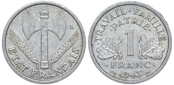 ФРАНЦИЯ 1 ФРАНК 1943 LB, ТИП LEGERE, ПРАВИТЕЛЬСТВО ВИШИ KM 902.1, LE FRANC 223.3 алюминий 45-735