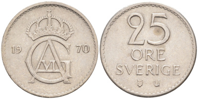 Швеция 25 эре 1970 U, Густав VI Адольф (1950-1973) KM 836 медно-никель 112-612
