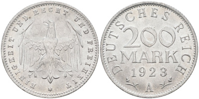 Германия 200 марок 1923 A KM 35, J. 304, Weege 22 алюминий UNC 4586-243