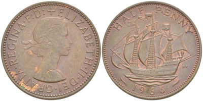 Великобритания 1/2 пенни 1966 Елизавета II (1952-2022) KM 896, Spink 4158 бронза 4544-151