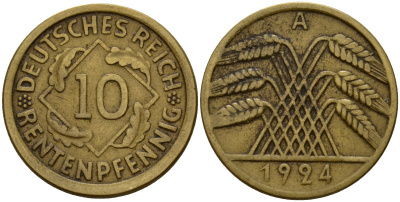 Германия 10 рентенпфеннигов 1924 A KM 33, J .309, Weege 8 алюминиевая бронза 4187-1031