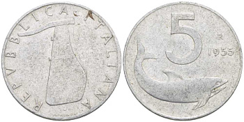 ИТАЛИЯ 5 ЛИР 1955 R, РУЛЬ, ДЕЛЬФИН KM 92 алюминий 175-124