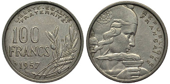 Франция 100 франков 1957 В, тип COCHET KM 919.1, Le Franc 450.11 медно-никель 27-811