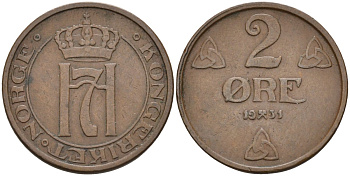 Норвегия 2 эре 1931 Хокон VII (1905-1957) KM 371 бронза 4591-935