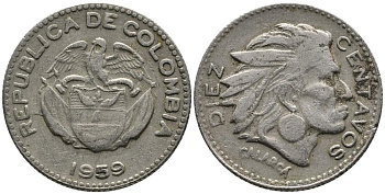 КОЛУМБИЯ 10 СЕНТАВО 1959 КАЛАРКА KM 212.2 медно-никель 4549-624