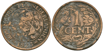 Нидерланды 1 цент 1925 Вильгельмина (1890-1948) KM 152 бронза 4576-1063