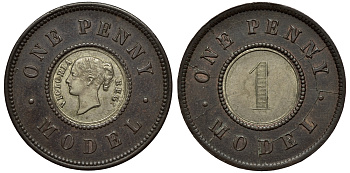 Великобритания 1 пенни ND (1844) модель монеты Виктории в 1 пенни,  Джозеф Мур биметалл 1524-334