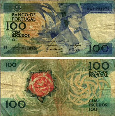 ПОРТУГАЛИЯ 100 ЭСКУДО 1988 26 МАЯ 1988, ФЕРНАНДО ПЕССОА ПОРТУГАЛЬСКИЙ ПОЭТ Pick 179е бумага 6266-41-2-2