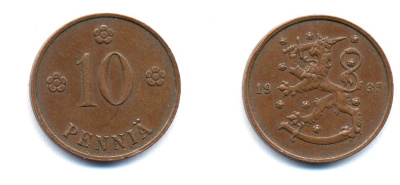 Финляндия 10 пенни 1935 республика (1918-1962) KM 24 медь 51-5455