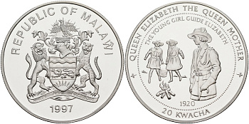 Малави 20 квача 1997 серия королева Елизавета-королева мать, Елизавета вожатая KM 36 серебро PROOF 1098-2-13