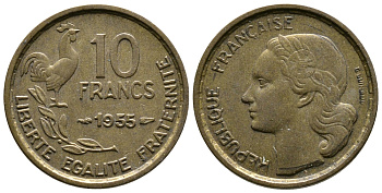 ФРАНЦИЯ 10 ФРАНКОВ 1955 KM 915.1 алюминиевая бронза 51-916