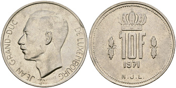 Люксембург 10 франков 1971 Великий герцог Жан (1964-2000) KM 57 никель 4120-1141