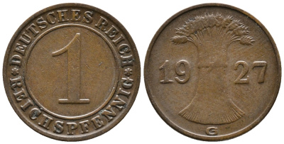 ГЕРМАНИЯ 1 РЕЙХСПФЕННИГ 1927 G KM 37, J. 313 бронза 39-942