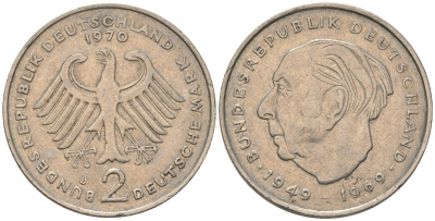 ФРГ 2 марки 1970 J, Теодор Хойс, 20 лет Федеративной Республике KM A127 медно-никель 4565-512