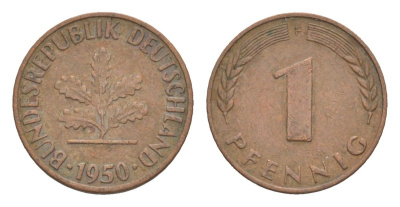 ФРГ 1 пфенниг 1950 F KM 105, J.380 сталь плакированная медью 4630-842