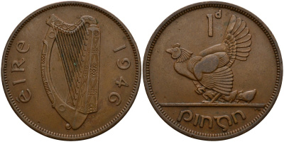 Ирландия 1 пенни 1946 курица с цыплятами KM 11 бронза 4157-1113