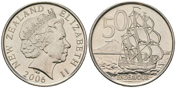Новая Зеландия 50 центов 2006 Елизавета II (1952-2022), парусник Индевор KM 119a сталь плакированная никелем UNC 4620-226