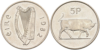 Ирландия 5 пенсов 1982 бык KM 22 медно-никель 4561-1157