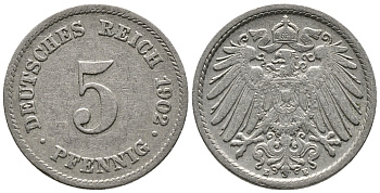 ГЕРМАНИЯ 5 ПФЕННИГОВ 1902 E KM 11, J. 12 медно-никель 39-756