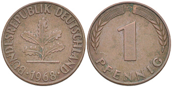 ФРГ 1 ПФЕННИГ 1968 G KM 105, J. 380 сталь плакированная медью 4181-547