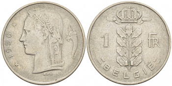БЕЛЬГИЯ 1 ФРАНК 1950 BELGIE KM 143.1 медно-никель 3309-642