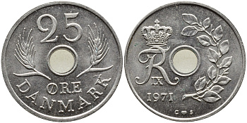 ДАНИЯ 25 ЭРЕ 1971 С; S, ФРЕДЕРИК IX (1947-1972) KM 855.1 медно-никель UNC 4391-1236