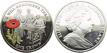 Остров Вознесения 1 крона 2014 в память героев первой мировой войны, допрос, красный мак KM NEW медно-никель, эмаль PROOF 1071-4-51