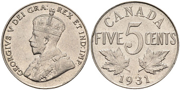 Канада 5 центов 1931 Георг V (1910-1936) KM 29 никель 4126-511