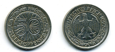 Германия 50 рейхспфеннигов 1927 A KM 49, J. 324 никель 58-147