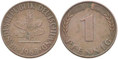 ФРГ 1 ПФЕННИГ 1968 G KM 105, J. 380 сталь плакированная медью 4181-547