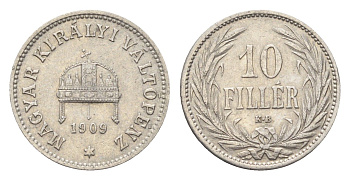 Венгрия 10 филлеров 1909 KB, Франц Иосиф I (1848-1916) KM 482 никель 4665-725