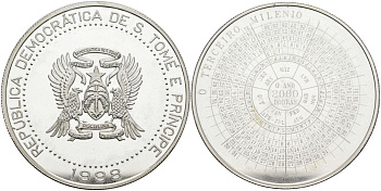 Сан-Томе и Принсипи 2000 добра 1998 третье христианское тысячелетие, миллениум, календарь, тираж 5000 экз. KM 86 серебро PROOF 04-138-14