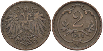 АВСТРИЯ 2 ГЕЛЛЕРА 1894 ФРАНЦ ИОСИФ (1846-1918) KM 2801 бронза 100-136