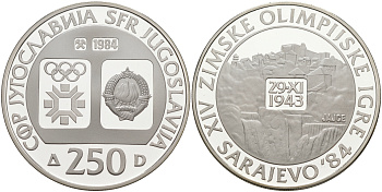 Югославия 250 динаров 1984 XIV зимние Олимпийские игры в Сараево 1984 года, ГОРОД ЯЙЦЕ 29 НОЯБРЯ 1943 KM 107 серебро PROOF 1087-10-33