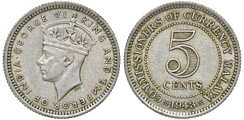 Британская Малайя 5 центов 1943 Георг VI (1937-1952) KM 3a серебро 53-135