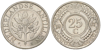 Нидерландские Антилы 25 центов 1997 KM 35 сталь плакированная никелем UNC 4167-217