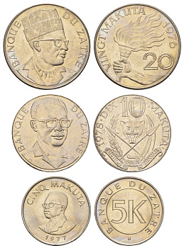 Заир лот из 3 монет 1976-1978 (5, 10 и 20 макута) KM 7, 8, 12 медно-никель UNC 650-1811
