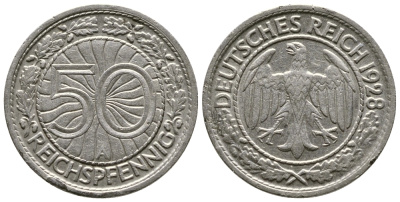 Германия 50 рейхспфеннигов 1928 A KM 49, J. 324 никель 4380-352